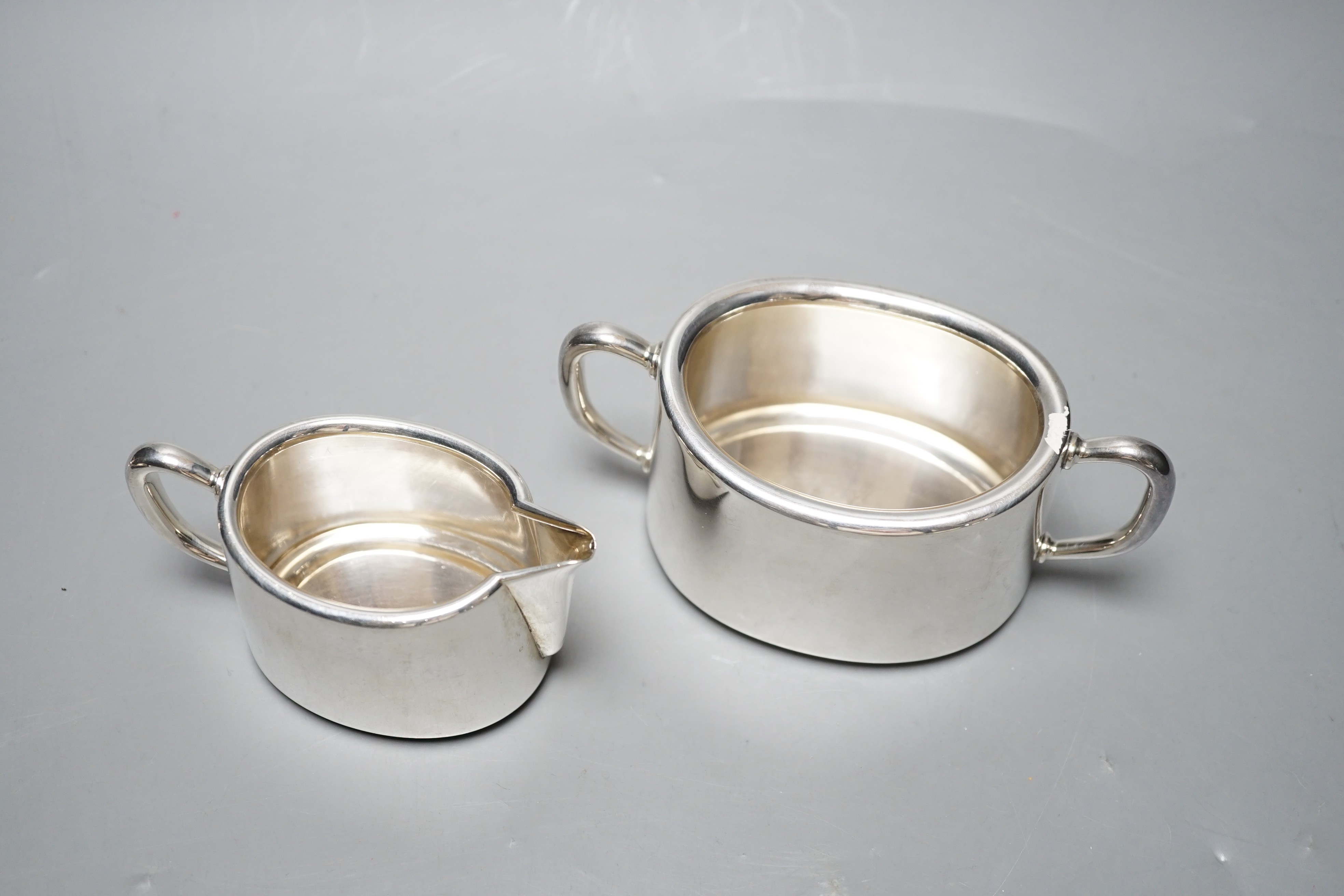 A modern Danish 925 sterling cream jug and sugar bowl, by Hans Hansen, 13.1oz.